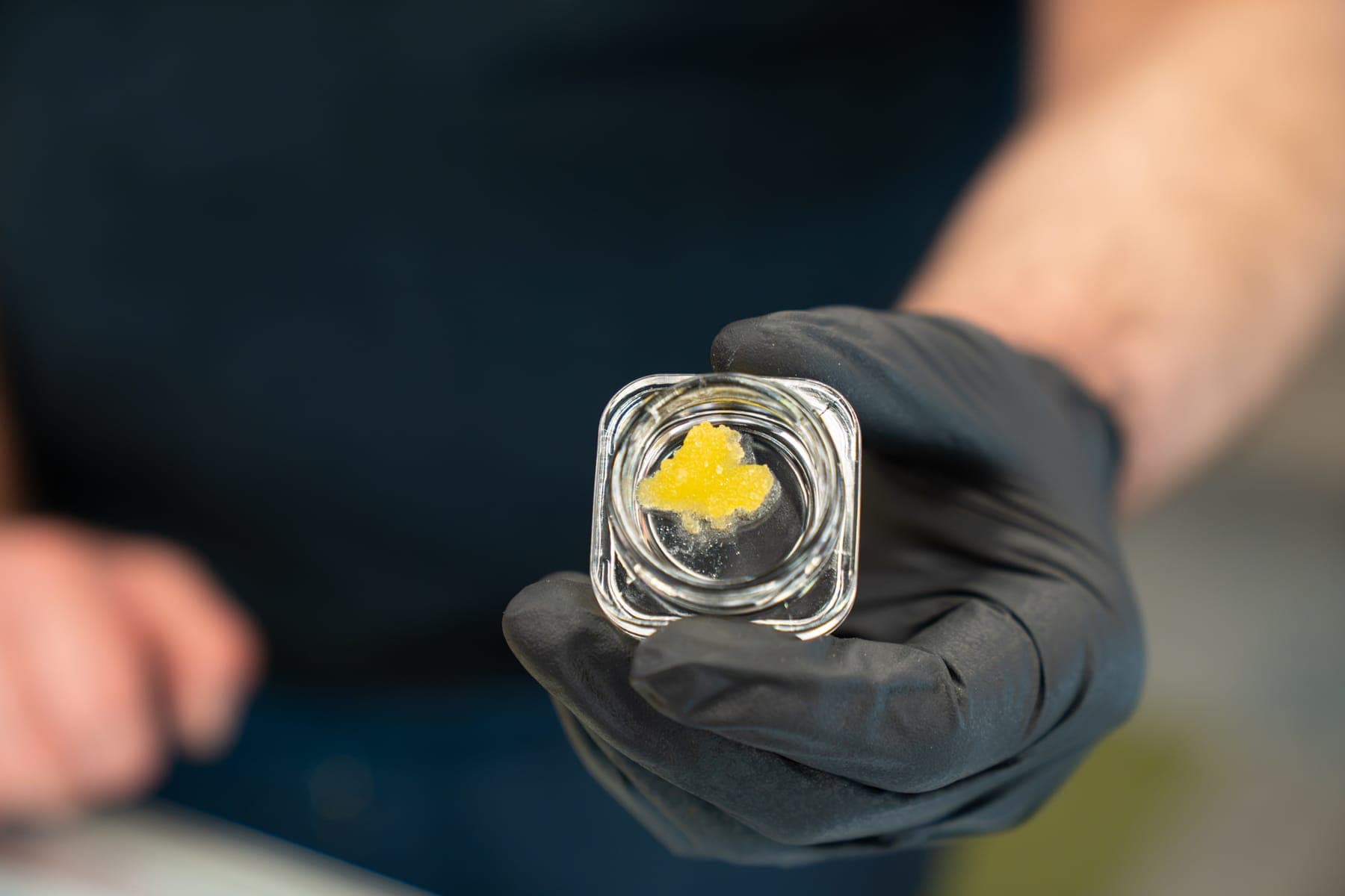 A small jar of concentrate held in a gloved hand