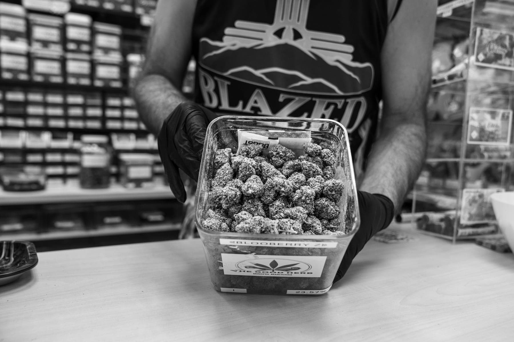 Black-and-white photo of a tub of flower held with two hands