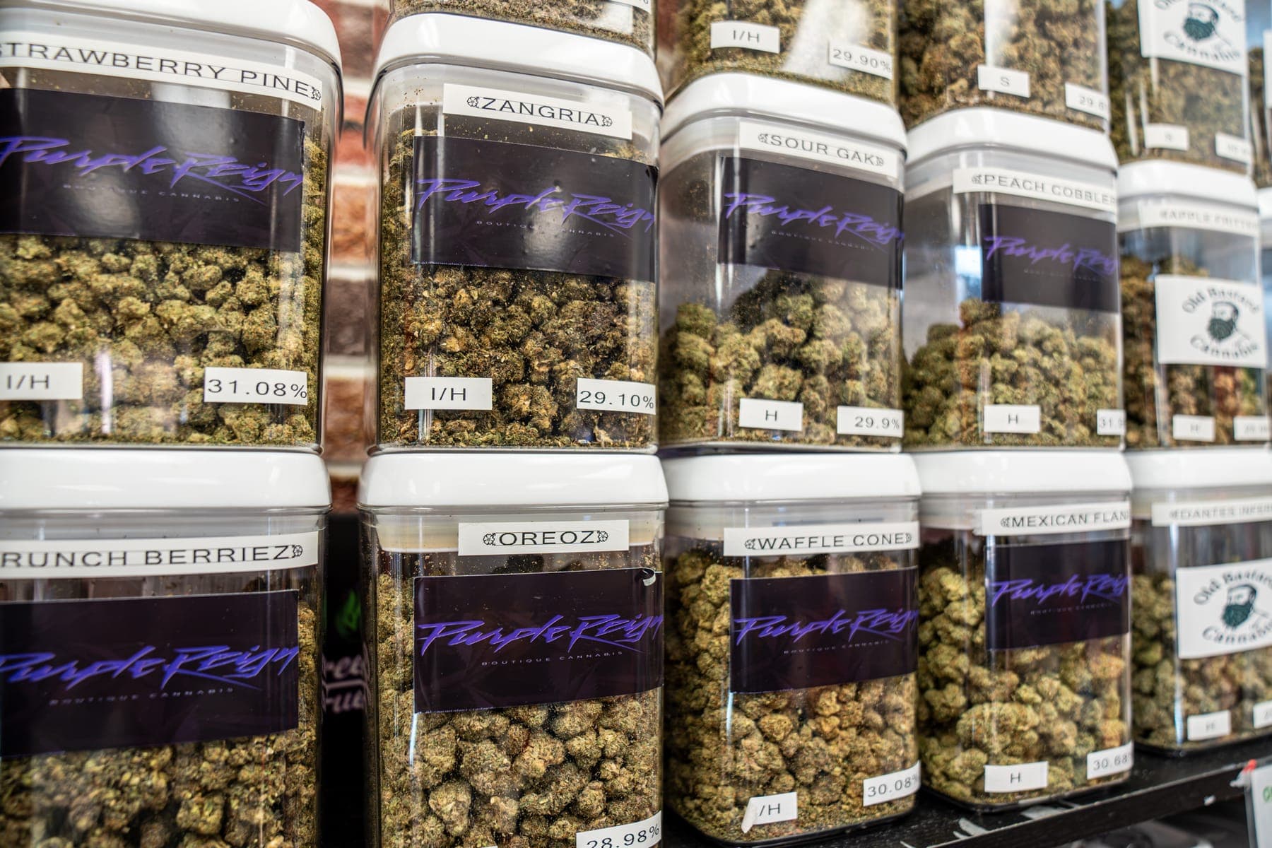 A row of labeled flower jars on the shelf