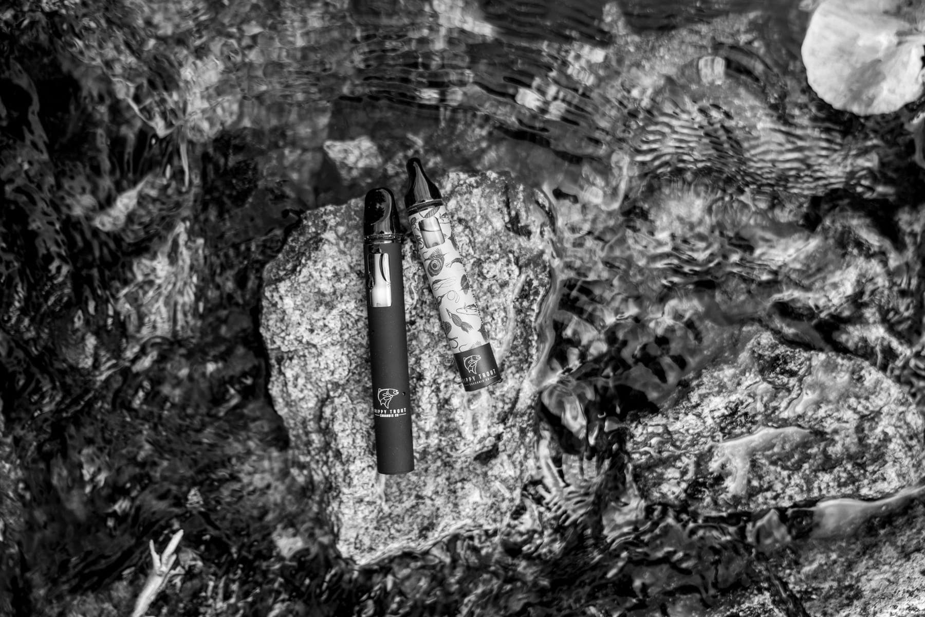 Black-and-white photo of vape pens on a river rock
